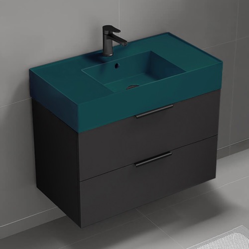 Floating Black Bathroom Vanity, Modern, 32 Inch, Green Ceramic Sink Nameeks DERIN312